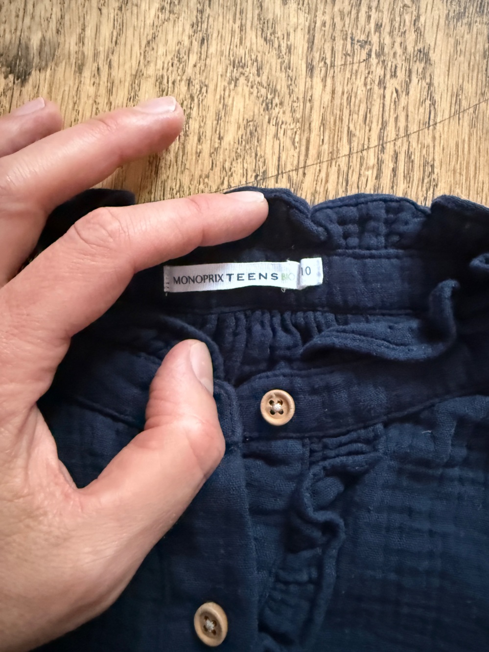 French Girls' Navy Ruffle-Front Button Blouse - Picture 3 of 6
